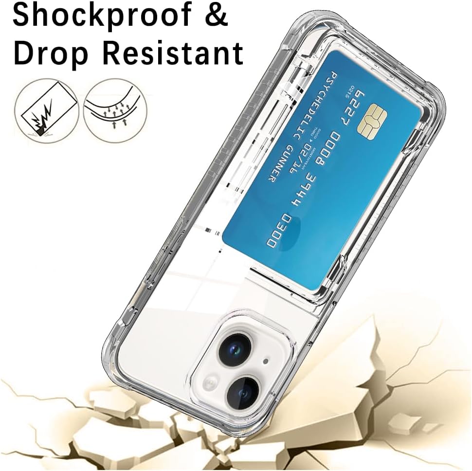 ZIYE Funda diseñada para iPhone 15 con tarjetero, funda tipo cartera para 15, para guardar hasta 3 tarjetas de crédito, funda transparente