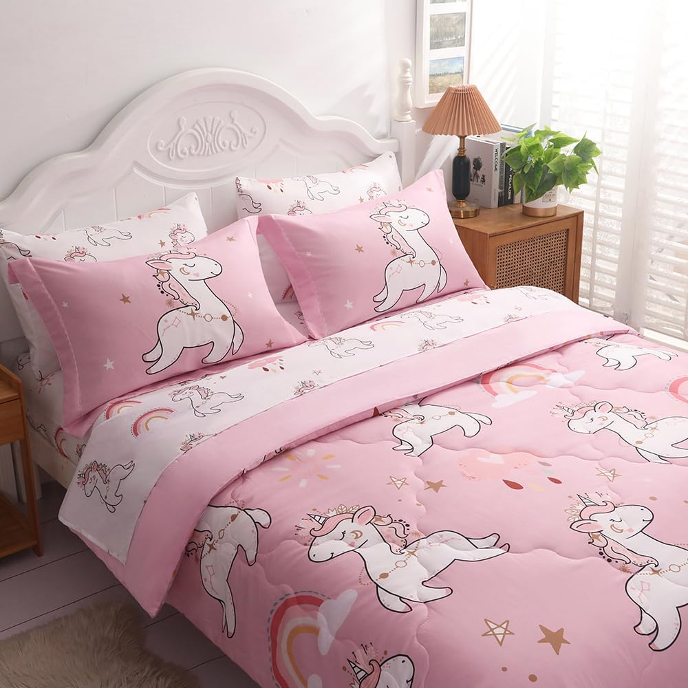 Wajade Juego de edredón de unicornio rosa para niños, cama en una bolsa, tamaño individual, 7 piezas, bonito juego de ropa de cama de unicornio y