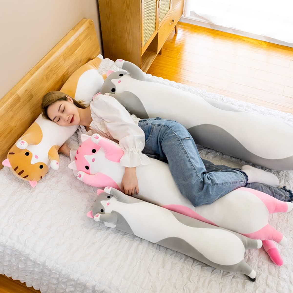 Almohada larga de felpa suave con diseño de gato para abrazar, almohada de animal de peluche, bonita almohada para dormir, regalo para niños (35.43