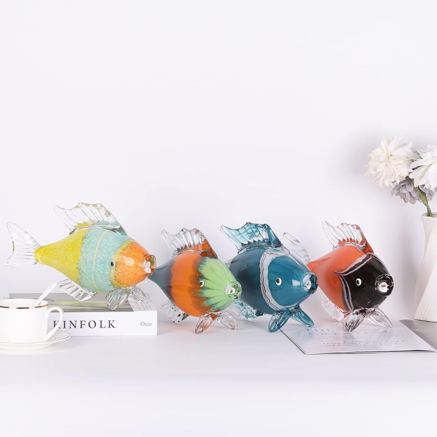 XIYOUQI Coastal Decor – Centro de mesa de cristal estilo Murano, figuras de peces de vidrio soplado, coleccionables, pieza de decoración