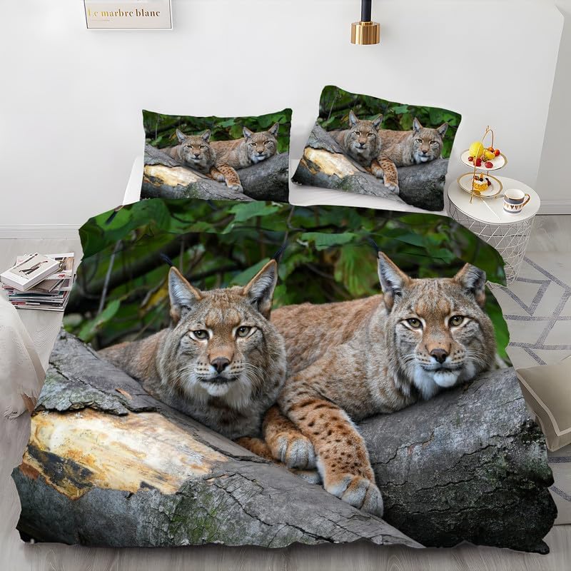 Dark Gray Small Animals California King Duvet Cover Lynx Print Bedding Soft Microfiber Comforter Cover and 2 Pillow Shams 20″X36″, Bed Set Duvet