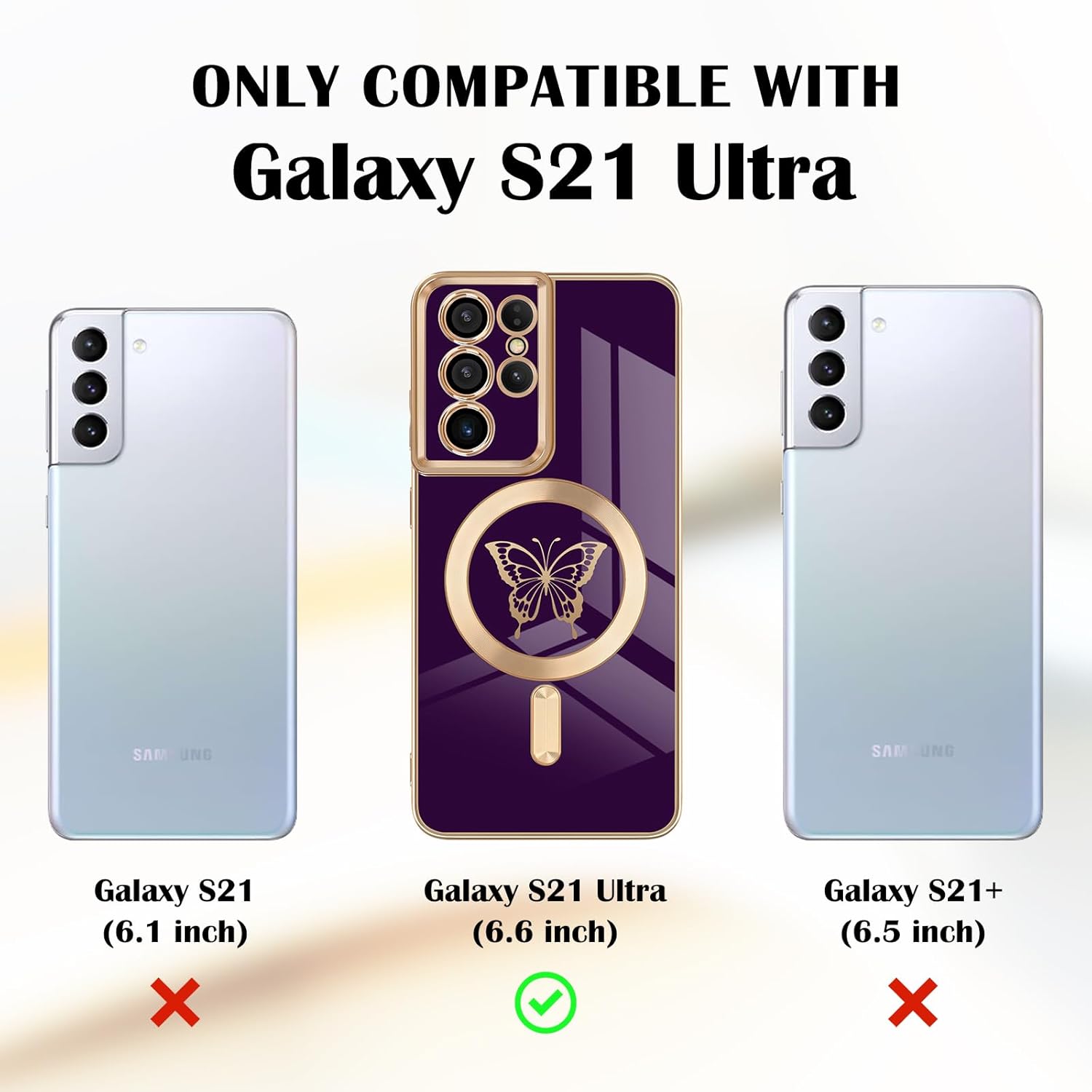 Funda magnética para Samsung Galaxy S21 Ultra 5G, bonita funda con borde chapado en mariposa con MagSafe para mujeres, niñas y hombres, funda