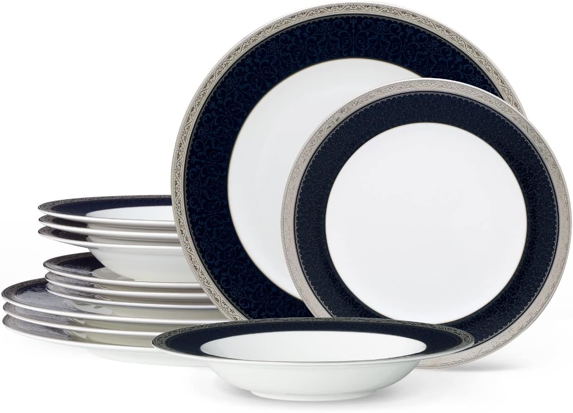 Noritake Odessa Cobalt Platinum – Juego de 12 piezas, color azulblanco