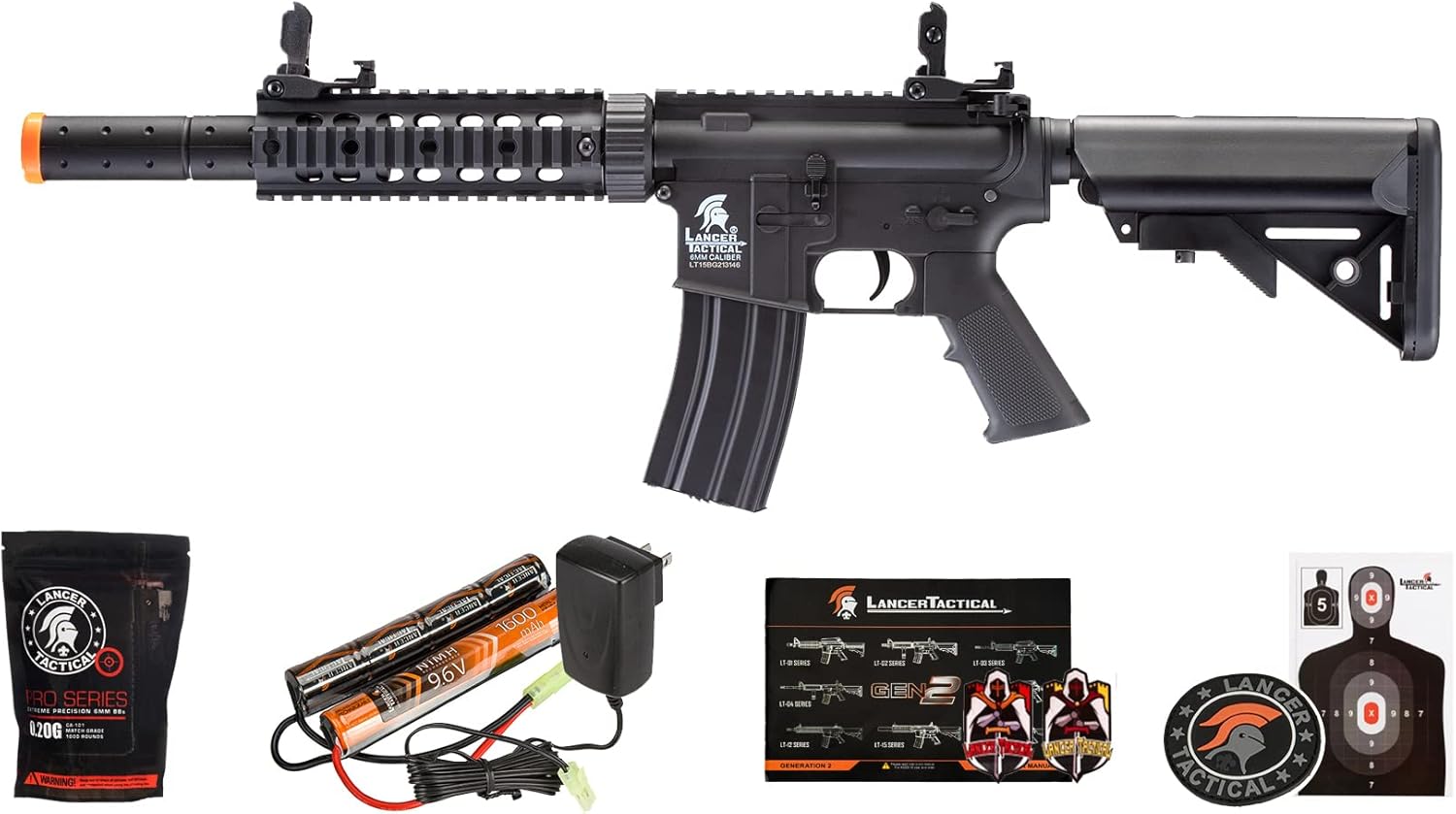 Lancer Tactical – Rifle de Airsoft Gen 2 Low FPS SD M4 GEN 2 Polímero rifle eléctrico completosemiautomático de Airsoft AEG instalado, bajo FPS, con