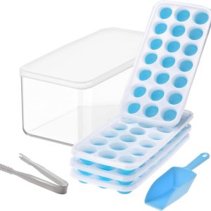 Yoove Bandeja para cubitos de hielo con tapa y contenedor, paquete de 4 bandejas de silicona y plástico para cubitos de hielo para congelador, con Yoove Bandeja para cubitos de hielo con tapa y contenedor, paquete de 4 bandejas de silicona y plástico para cubitos de hielo para congelador, con
