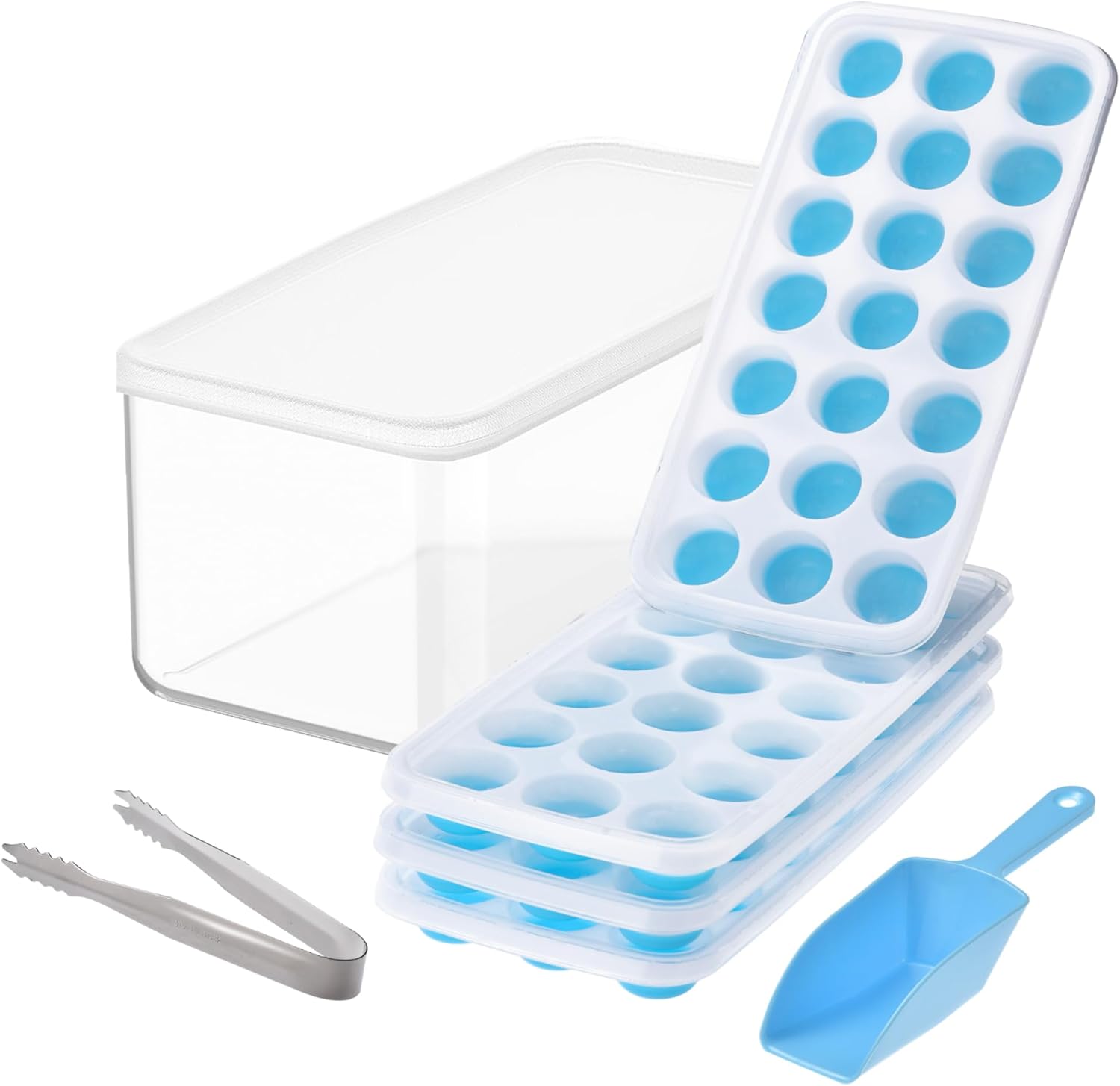 Yoove Bandeja para cubitos de hielo con tapa y contenedor, paquete de 4 bandejas de silicona y plástico para cubitos de hielo para congelador, con