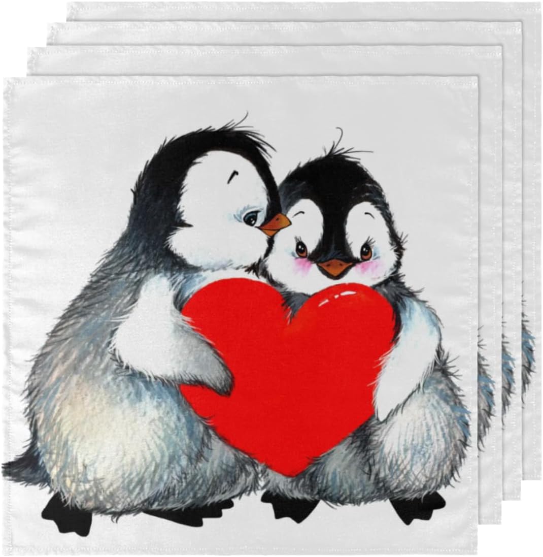 Cloth Napkins Set of 4 Cute Penguin Love Heart 20×20 Inch Cloth Napkins Penguin Pattern Washable Reusable Kitchen Dinner Napkins Table Decor for