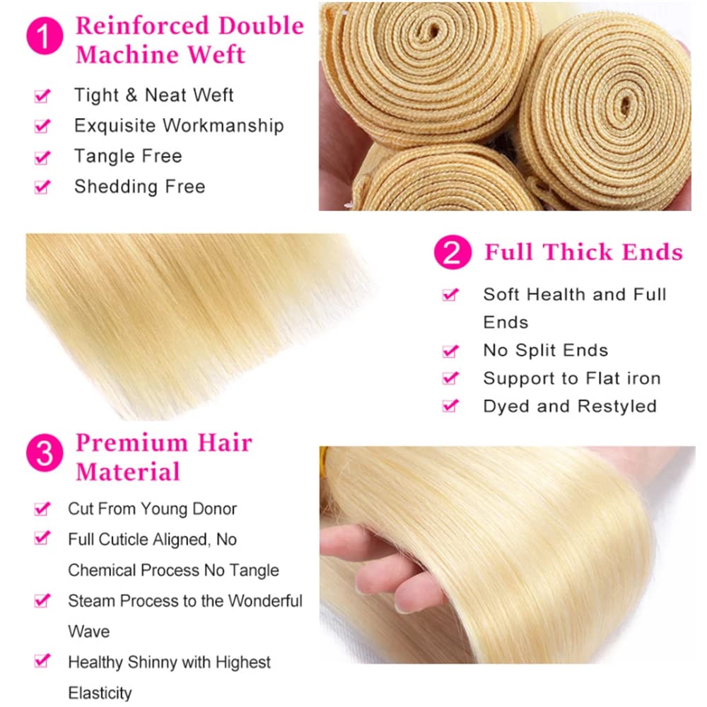 Paquetes de 613 mechones de cabello humano lacio de 22, 24 y 26 pulgadas, suaves y saludables rubios miel, mechones lacios, diseñados para mujeres