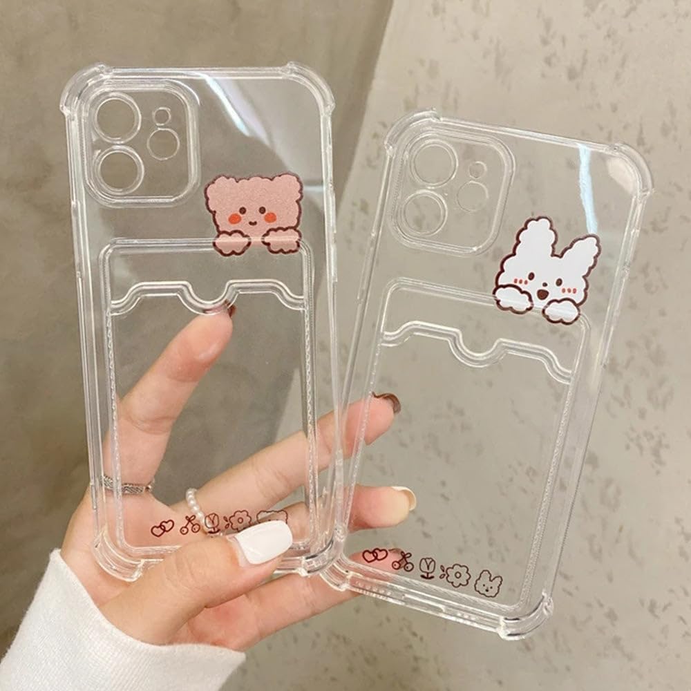 Casechics Funda compatible con iPhone, bonita funda de conejo de dibujos animados Kawaii, transparente, con ranura para tarjetas de crédito,