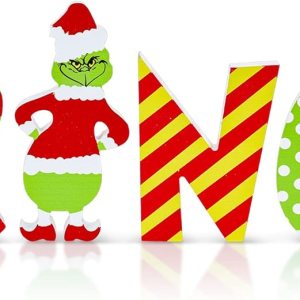 Whaline 6 letreros de madera de Navidad para decoración de mesa, divertidos personajes de dibujos animados, color verde y rojo, bandeja de Whaline 6 letreros de madera de Navidad para decoración de mesa, divertidos personajes de dibujos animados, color verde y rojo, bandeja de