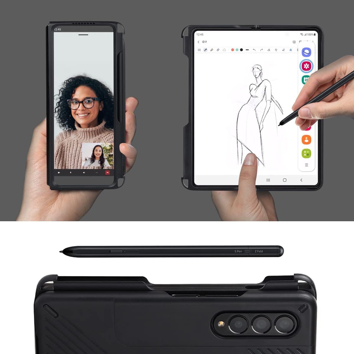 Cavor Funda diseñada para Samsung Galaxy Z Fold 3 con soporte para bolígrafo S, protección de cuerpo completo, antiarañazos, anticaídas, resistente