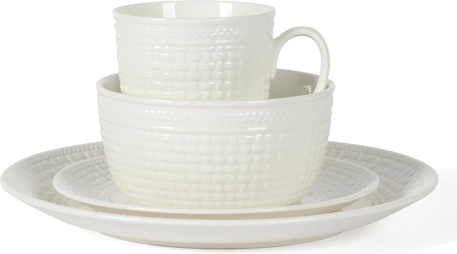 Martha Stewart Juego de vajilla de porcelana en relieve de porcelana de hueso de 16 piezas y resistente a los arañazos
