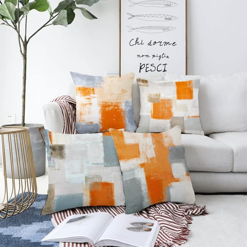 BBKD Juego de 4 fundas de almohada de arte abstracto naranja y gris de 16 x 16 pulgadas, color naranja y gris, funda de cojín decorativa moderna