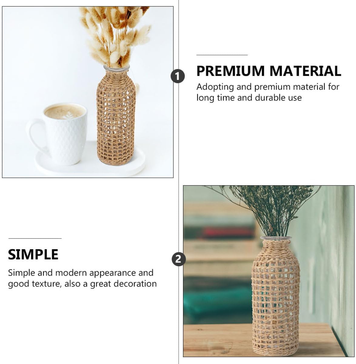 DECHOUS Jarrón de cristal bohemio para arreglos florales, jarrón pequeño decorativo para sala, jarrón de mimbre para decoración de plantas, florero,