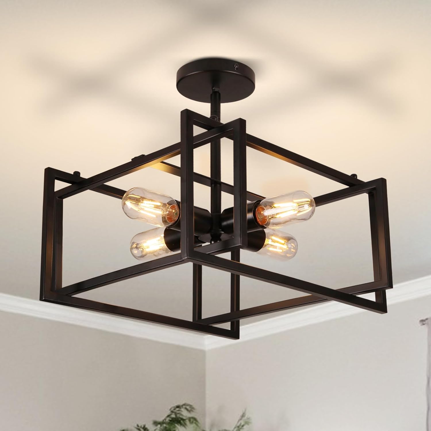 Lámpara de techo semiempotrada de 4 luces, color negro, industrial cerca del techo, lámpara de techo de metal para cocina, isla, comedor,