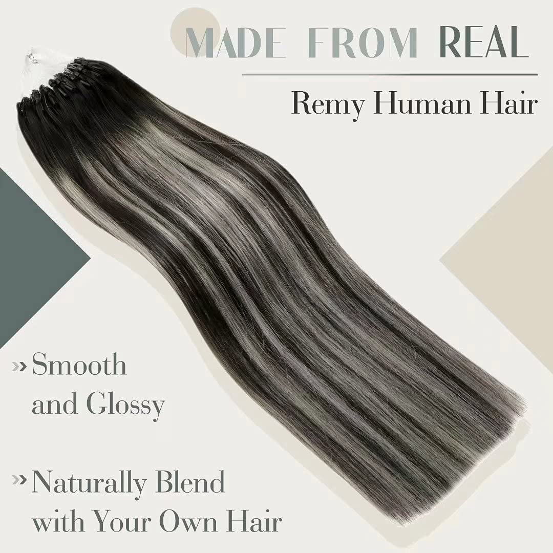LaaVoo – Extensiones de pelo lacio con micro-anillos con amarre de silicón, pre-atadas, fusión fría, 100 % cabello humano real Remy, 0.04ozmechón,