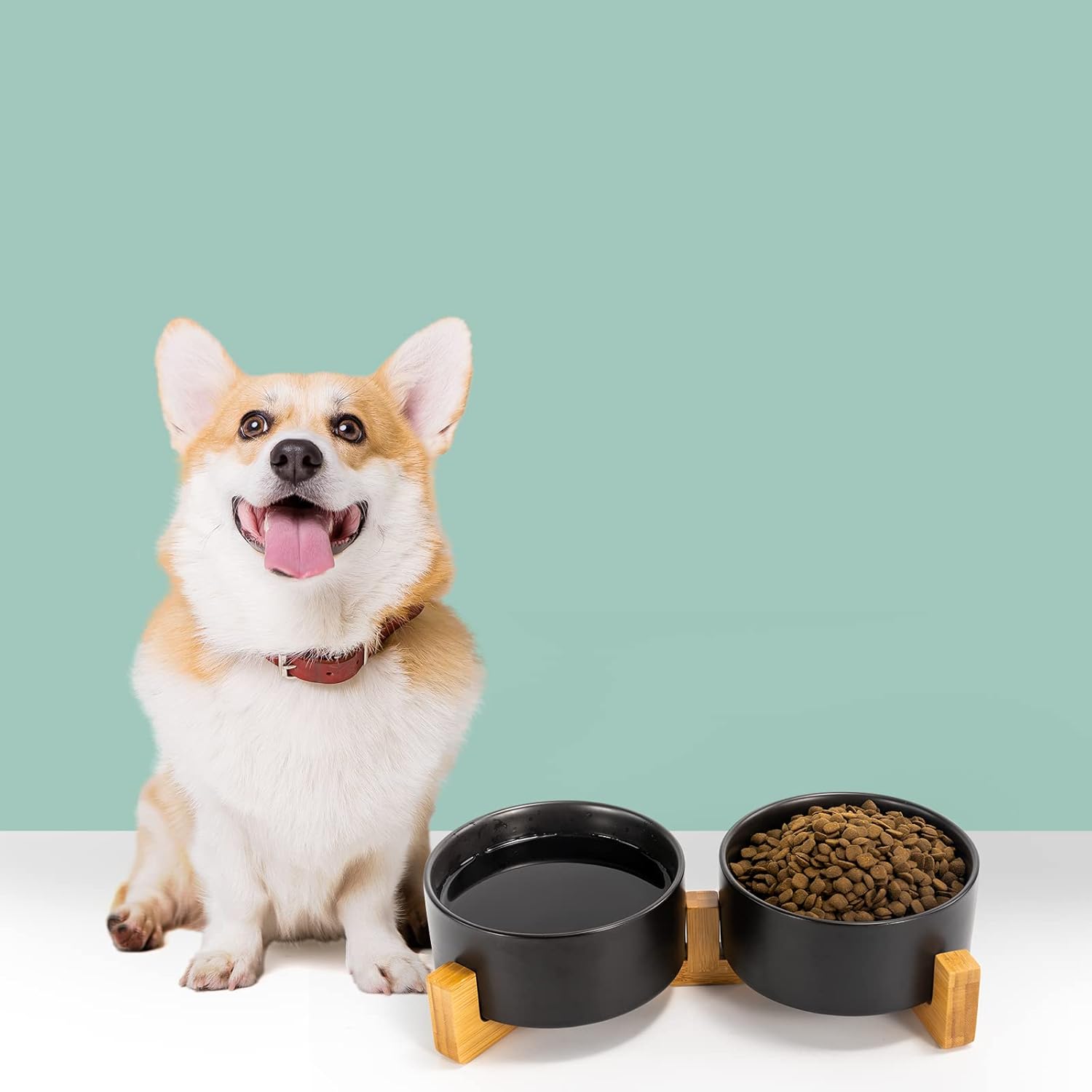 SPUNKYJUNKY Juego de cuencos de cerámica para perros y gatos con soporte de madera, moderno y bonito juego de agua para alimentos con peso para