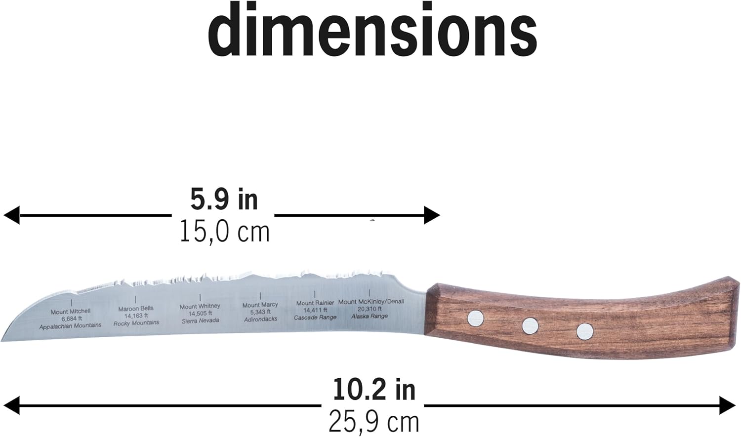 PanoramaKnife Cuchillo de cocina  Fabricado en Suiza  Picos de Estados Unidos  Cordilleras parecidas a la hoja  Acero inoxidable quirúrgico + madera
