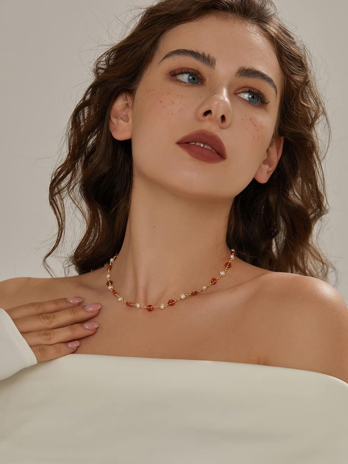 DAUMIER Freshwater Pearl Donut Red Agate Choker January Birthstone Jewelry Necklace for Women