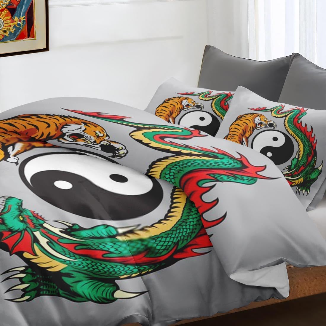 Juego de funda de edredón, juego de ropa de cama china japonesa de tigre dragón para niños y adultos, decoración de dormitorio de animales