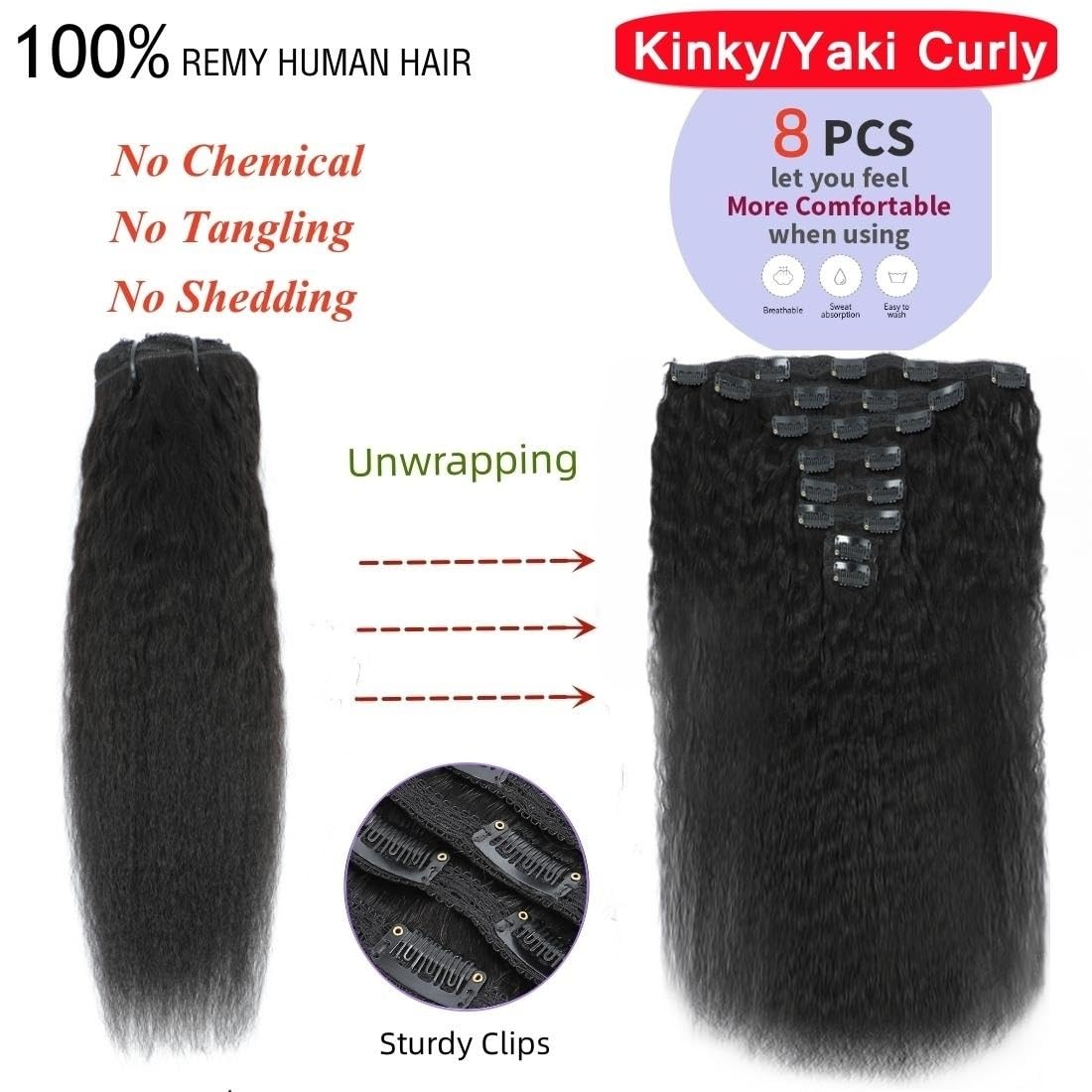 LUMIERE Yaki – Extensiones de cabello lacio con clip, grado 10A, cabello Remy brasileño con 20 clips, tramas dobles gruesas y suaves, color negro