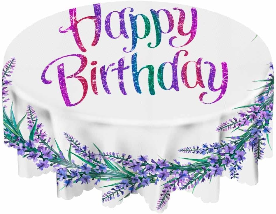 Mantel de feliz cumpleaños de 60 pulgadas de diámetro, corona redonda de acuarela con flores de lavanda, manteles de flores de lavanda moradas para