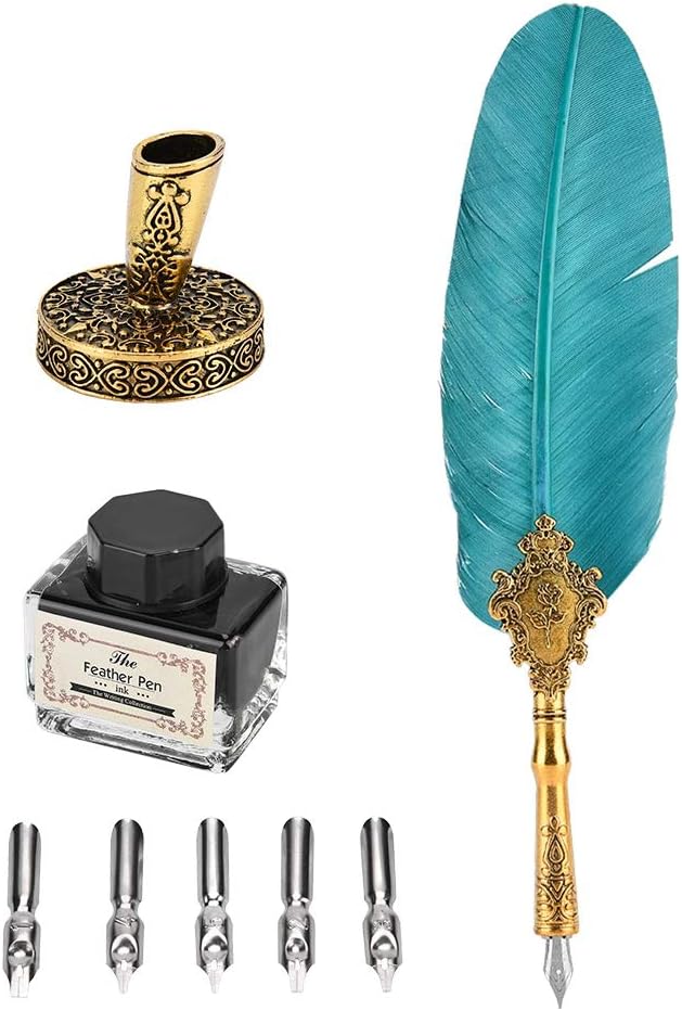 Zerone Juego de plumas retro, pluma estilográfica clásica europea, pluma de pavo real antiguo, pluma de metal con punta de pluma de escritura, caja