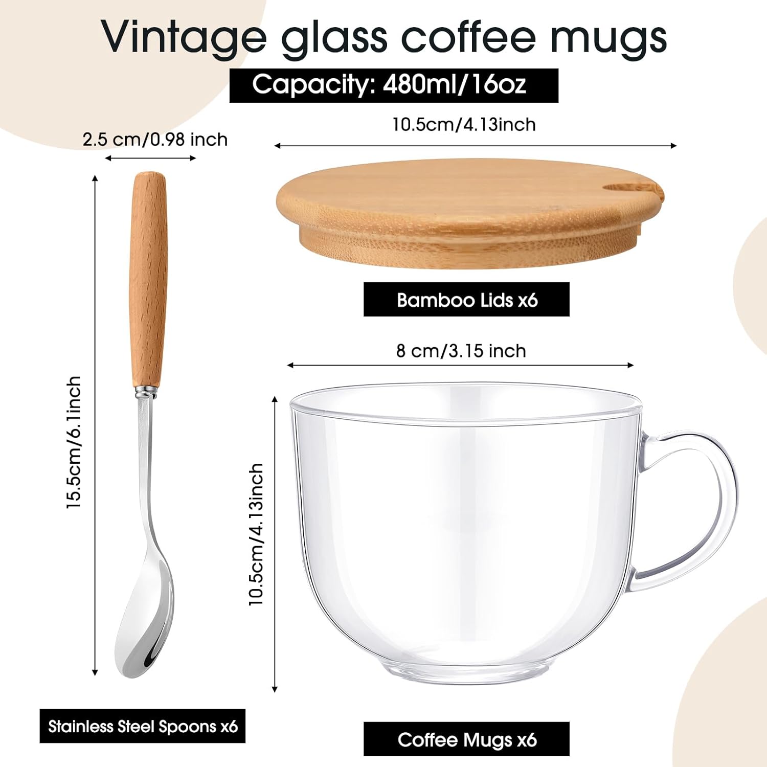 6 juegos de tazas de café de vidrio grandes de otoño de 16 onzas con tapas, tazas de café transparentes y cucharas de acero inoxidable, tazas de