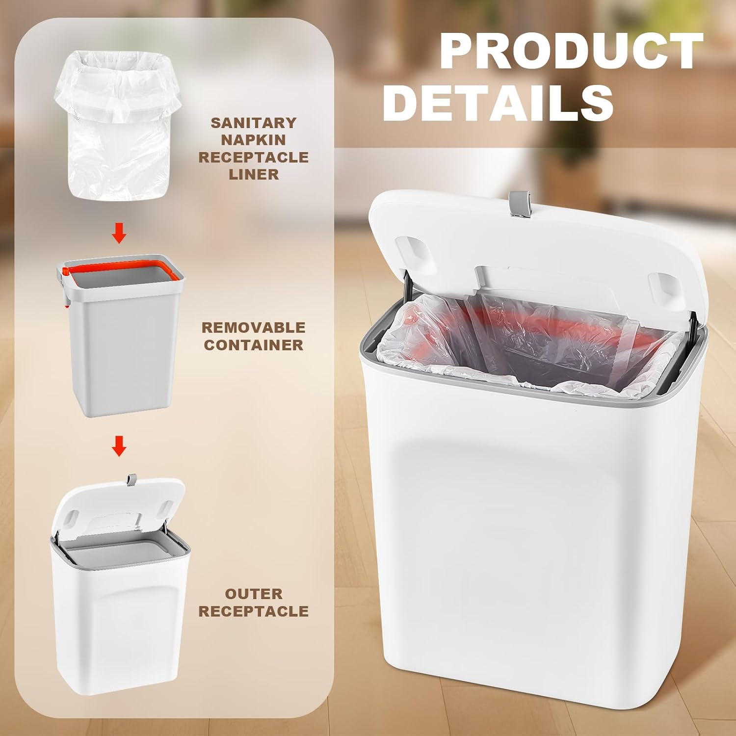 Tioncy Receptáculo de plástico para servilletas sanitarias con recipiente extraíble y 100 forros para servilletas sanitarias de 10.2 x 6.3 x 11.6