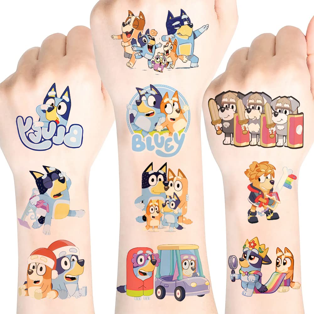 8 hojas de calcomanías azules de tatuajes temporales, suministros de fiesta temática de cumpleaños azules, regalos de decoración de dibujos