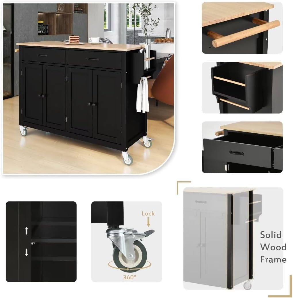 Ayvbir Carrito de isla de cocina rodante de 54.3 pulgadas con ruedas con parte superior de madera maciza y ruedas de bloqueo, armario de 4 puertas y