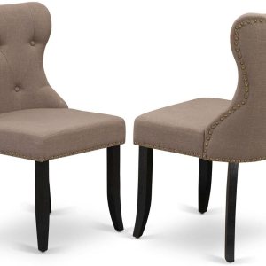 East West Furniture SIP6T48 Sion Parson – Juego de 2 sillas acolchadas de tela de lino café con botones y ribete de clavos, color negro cepillado East West Furniture SIP6T48 Sion Parson – Juego de 2 sillas acolchadas de tela de lino café con botones y ribete de clavos, color negro cepillado