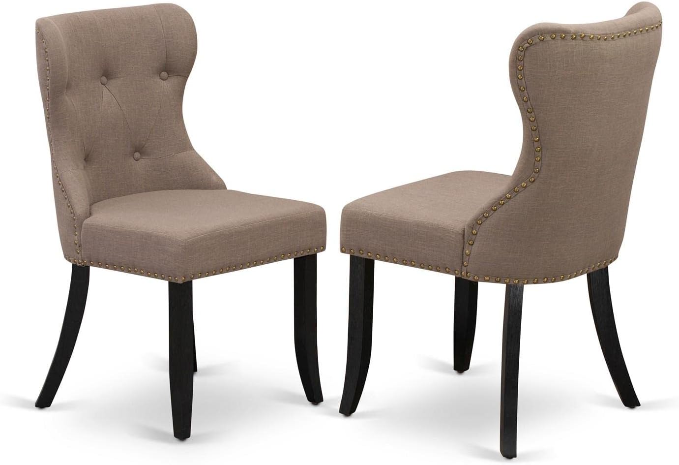 East West Furniture SIP6T48 Sion Parson – Juego de 2 sillas acolchadas de tela de lino café con botones y ribete de clavos, color negro cepillado