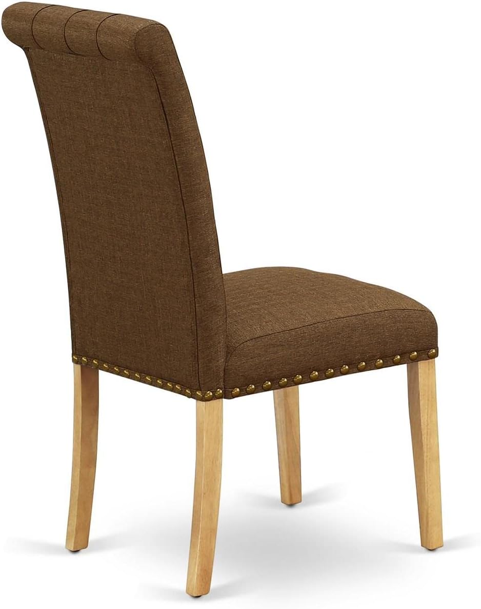 East West Furniture BRP4T18 Parson – Juego de 2 sillas de comedor tapizadas de tela de lino marrón con botones y ribete de clavos, color roble