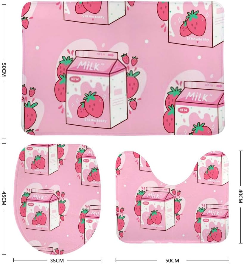 Kuizee Juego de 3 alfombras de baño, cartón de leche de fresa, kawaii, anime, caricatura, rosa, tapete antideslizante en forma de U, tapa de inodoro