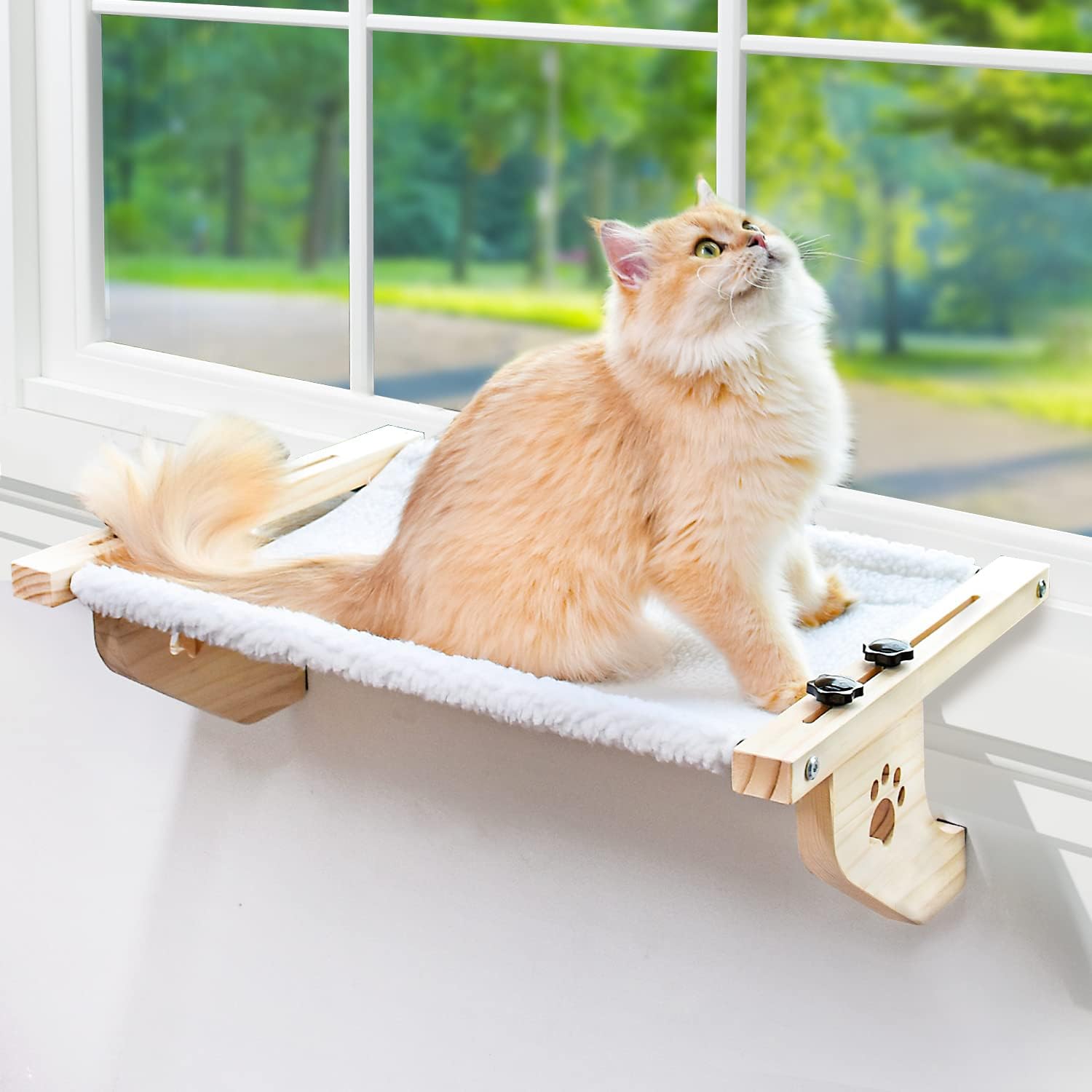 AMOSIJOY Percha para ventana de gato resistente con marco de madera y metal para gatos grandes, cama para gatos grandes fácil de ajustar para