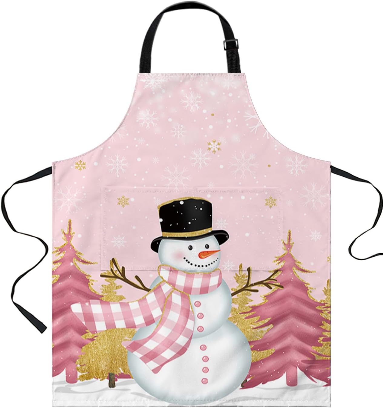 Gold Pink Snowman Bib Aprons for Women With Pockets, Waterproof Canvas Chef Kitchen Cooking Apron for PaintingHair StylistNail TechnicianKids Arts