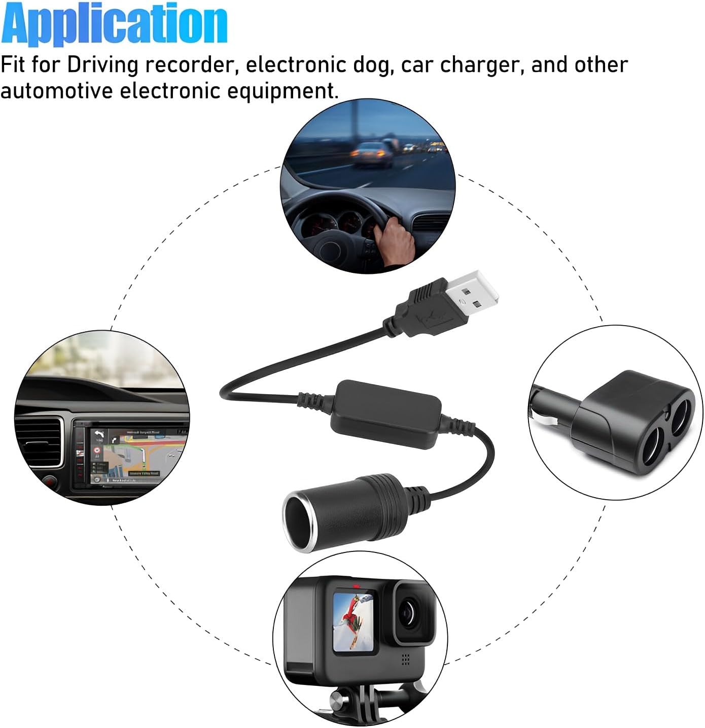 2 unidades de enchufe para encendedor de cigarrillos de automóvil, convertidor hembra USB a 12 V, cable adaptador adecuado para conducir grabadora