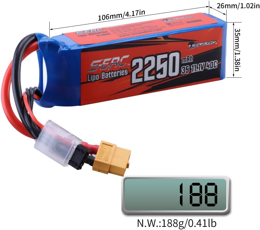 SUNPADOW Batería Lipo RC de 11.1V 3S 40C 2250mAh con conector XT60 recargable para avión RC Quadcopter, helicóptero, drone FPV Racing Hobby (2