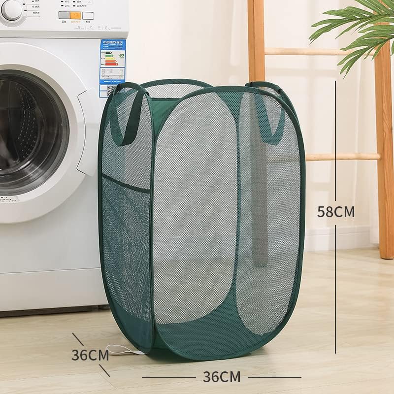 Práctica cesta desplegable de malla para lavandería, almacenamiento de ropa duradera, portátil, plegable, con bolsillo lateral para dormitorio, baño