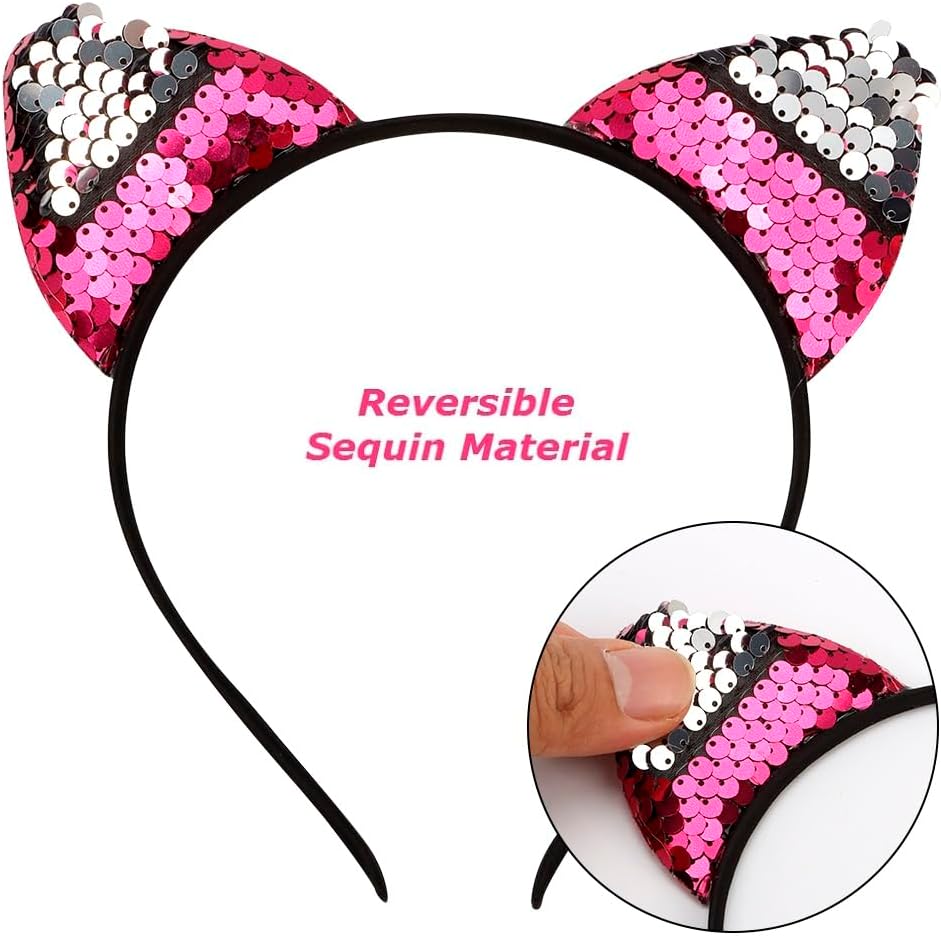 Diadema reversible con orejas de gato, con lentejuelas brillantes, para niñas y mujeres, 6 unidades