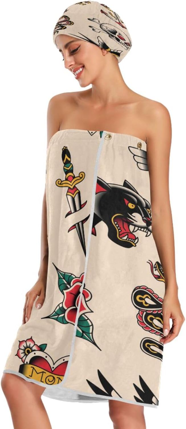 Toalla envolvente para mujer, diseño de tatuaje de la vieja escuela, con cierre ajustable, toalla de secado de pelo, altamente absorbente, suave,