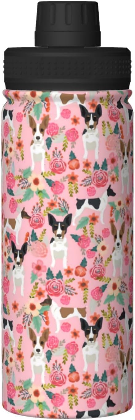 Botellas de agua deportivas aisladas al vacío de acero inoxidable de 18 onzas  Lindas ratas Terrier perro rosas flores tazas con tapa abatible,