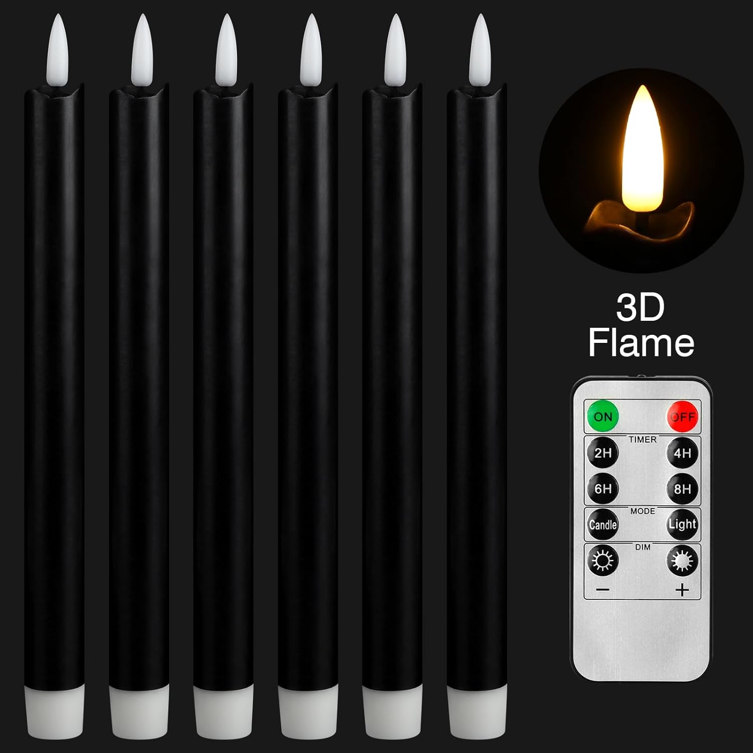 Velas cónicas sin llama parpadeantes con 2 controles remotos, funciona con pilas, mecha 3D de luz cálida, velas LED de cera real, paquete de 6,