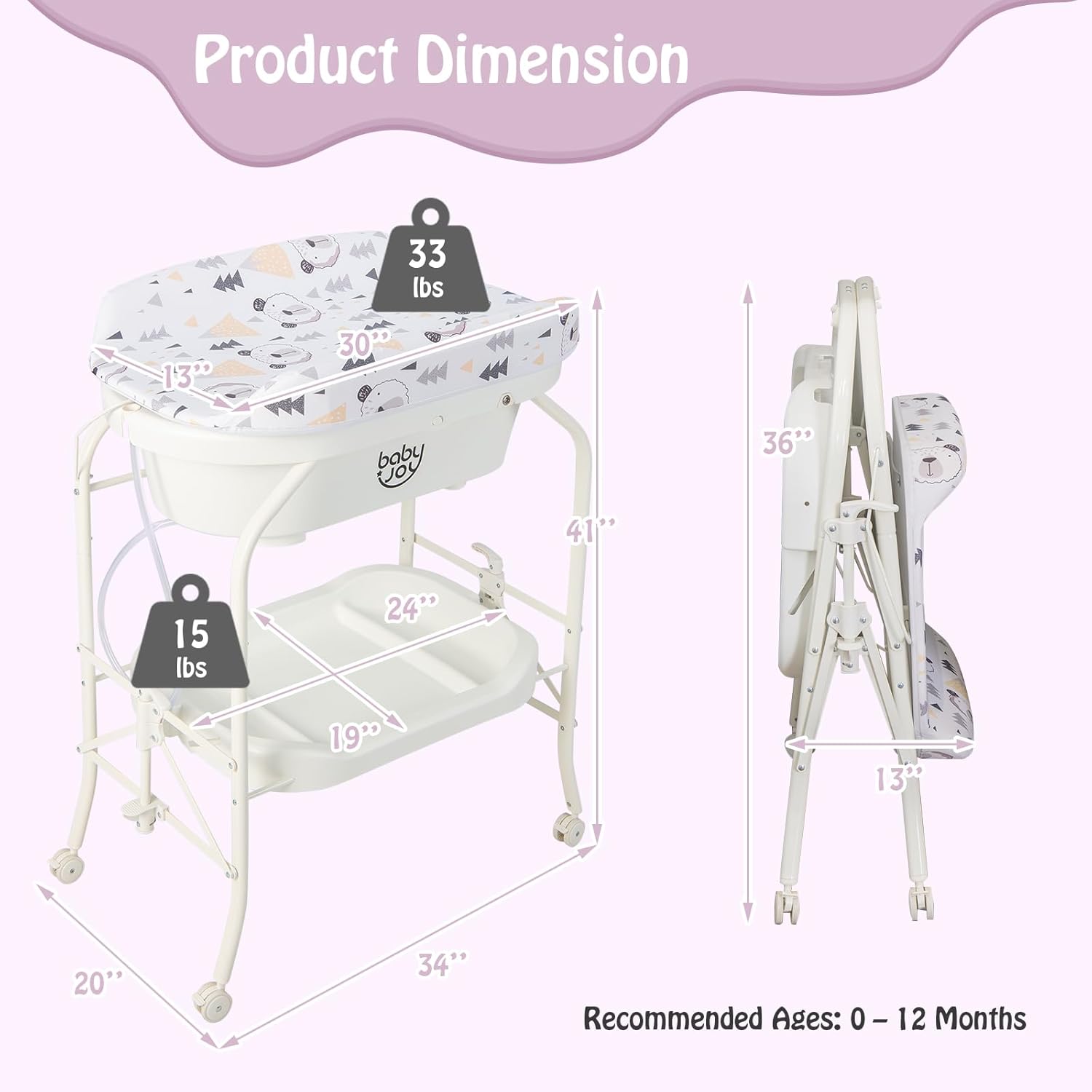 BABY JOY Bañera para bebé con cambiador, estación plegable para cambiar pañales con bandeja de almacenamiento, almohadilla impermeable, organizador