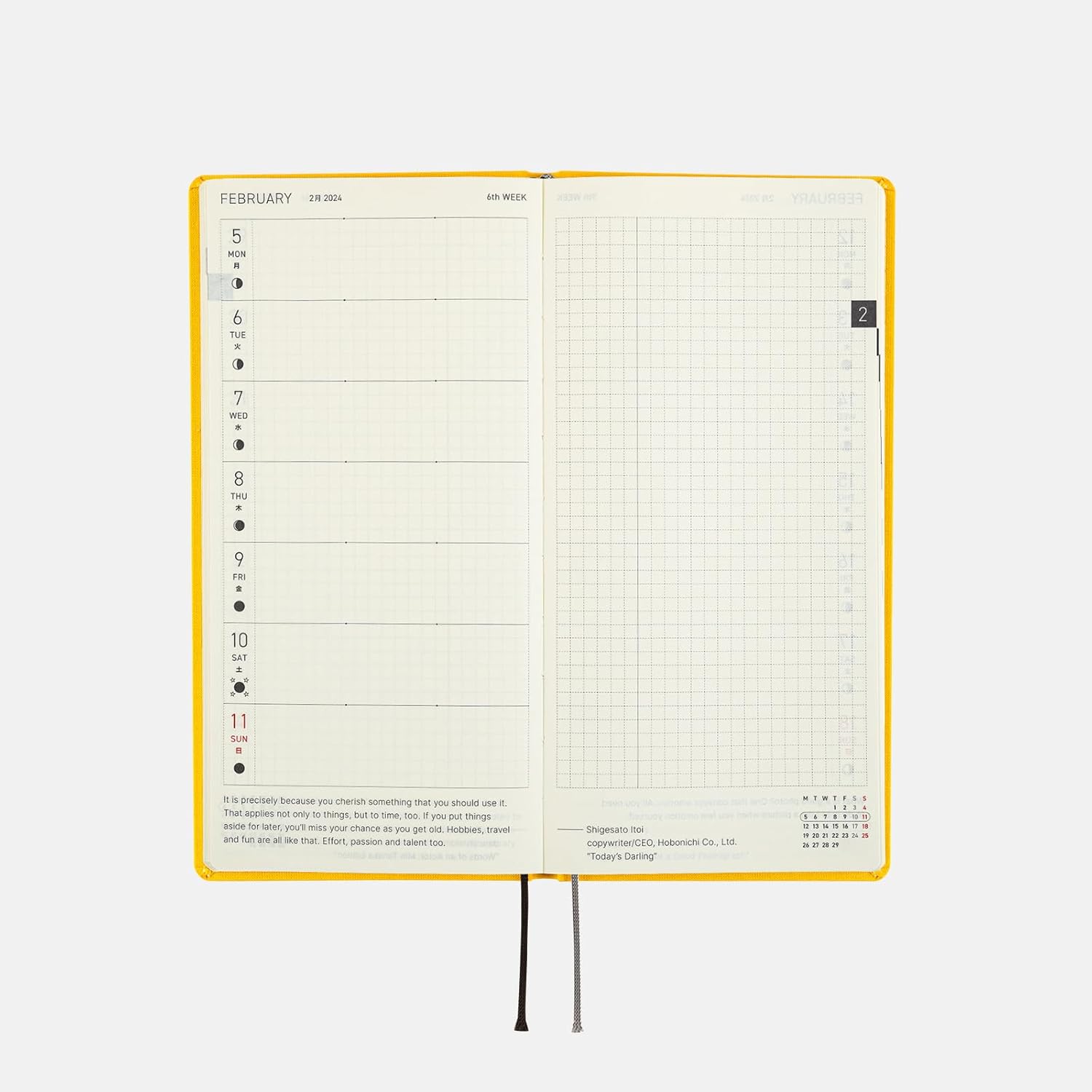 Hobonichi Techo Weeks InglésAlto y Delgado TamañoEnero 2024 Inicio Colores Poppin’ Amarillo
