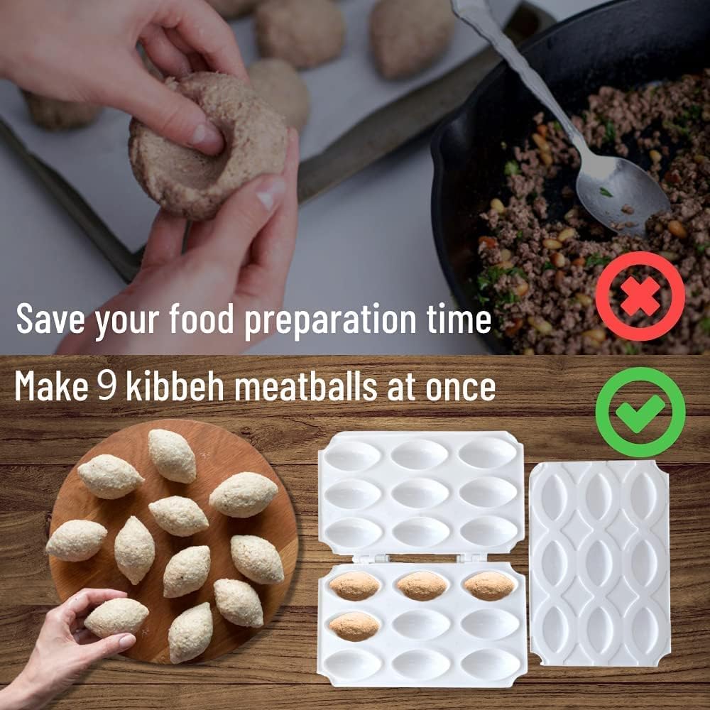Kibbeh – Molde para hacer rollos de albóndigas, herramienta de prensa manual para hacer pastel de carne, 4 rejillas de 2.8 in, tamaño grande, hecha