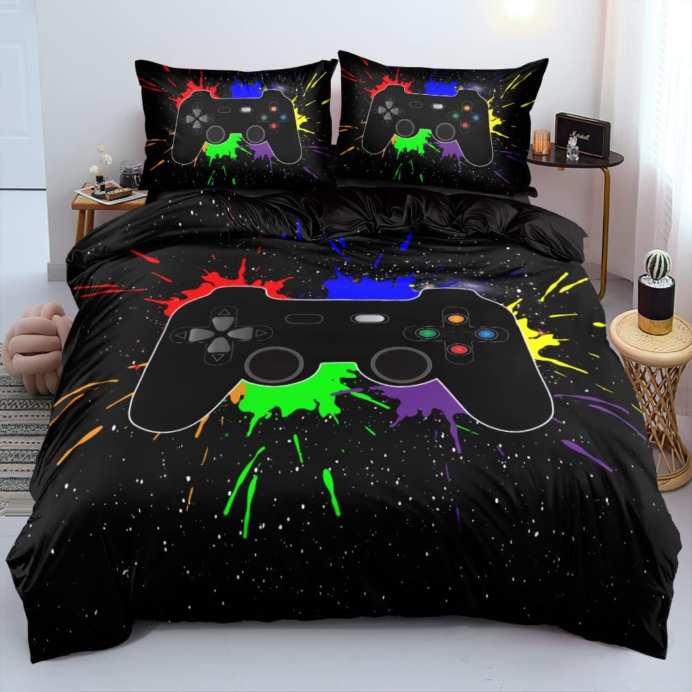 Juego de funda de edredón con 2 fundas de almohada con estampado de consola de videojuegos para niños, tamaño King