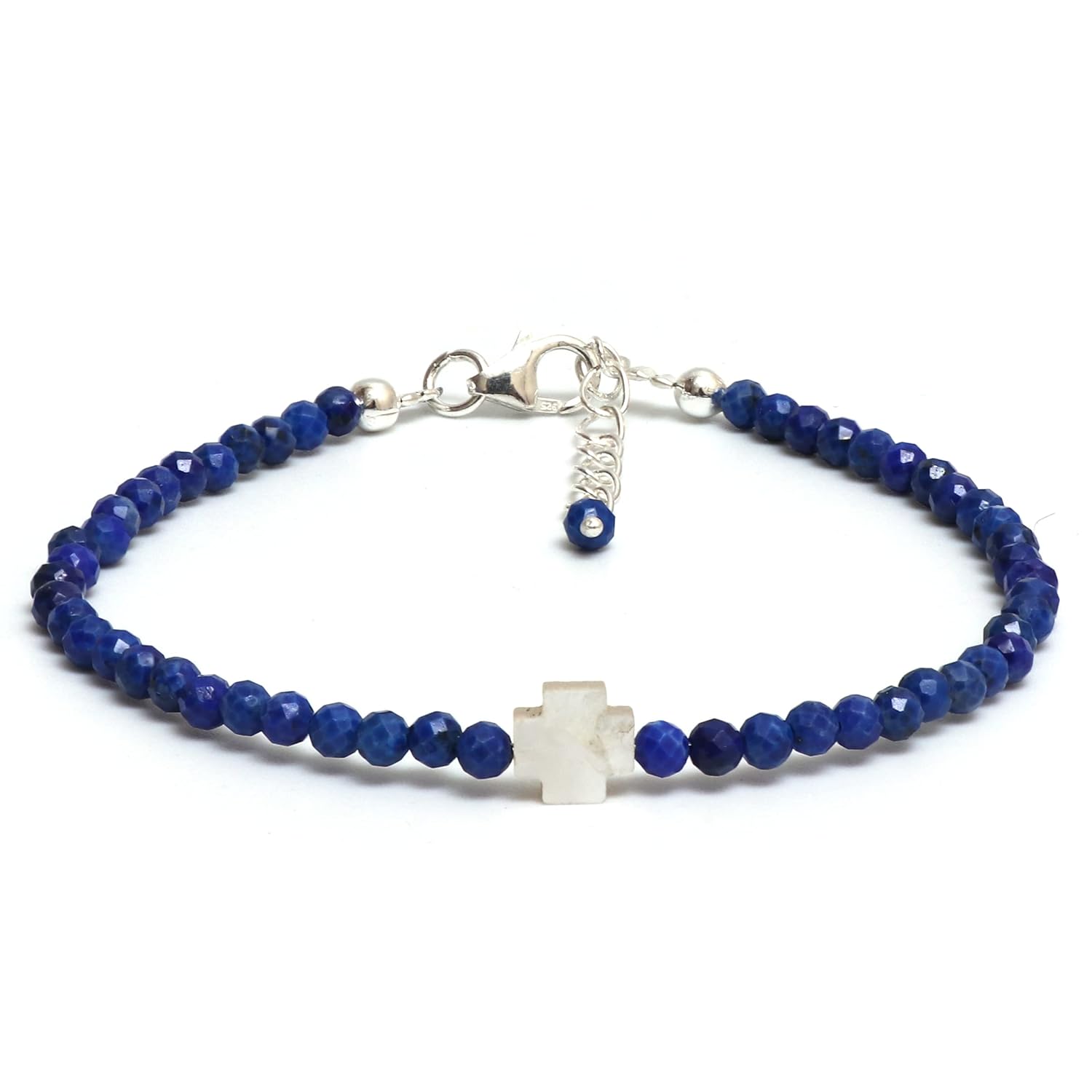 GemInspire Mother’s Day Jewelry Blue Lapis Lazuli Beaded Bracelet, Pearl Cross Bracelet, Faith Hope Bracelets, September Birthstone,Gift for