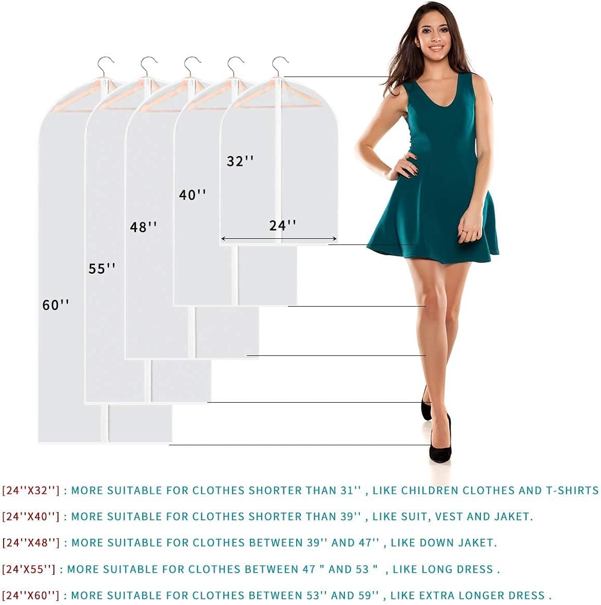 Funda de ropa para colgar, transparente con cierre completo, anti-polillas, transpirable, para uso diario y viajes de 60 x 101 x 121 x 139 cm (10